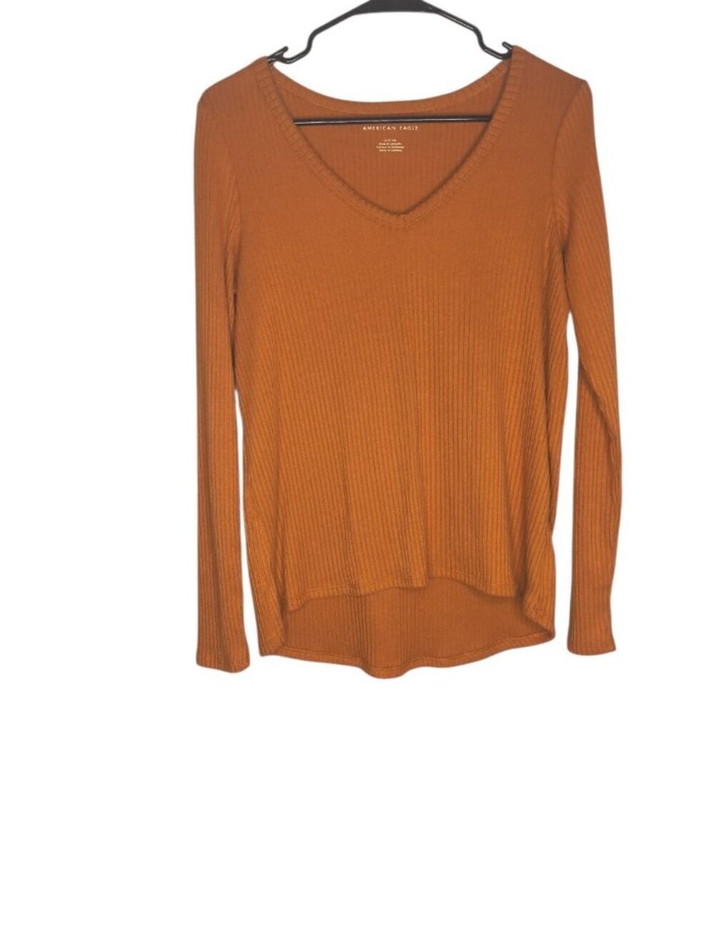 American Eagle Burnt Orange Long Sleeve SOFT Ribbed Blouse Size Small V Neck